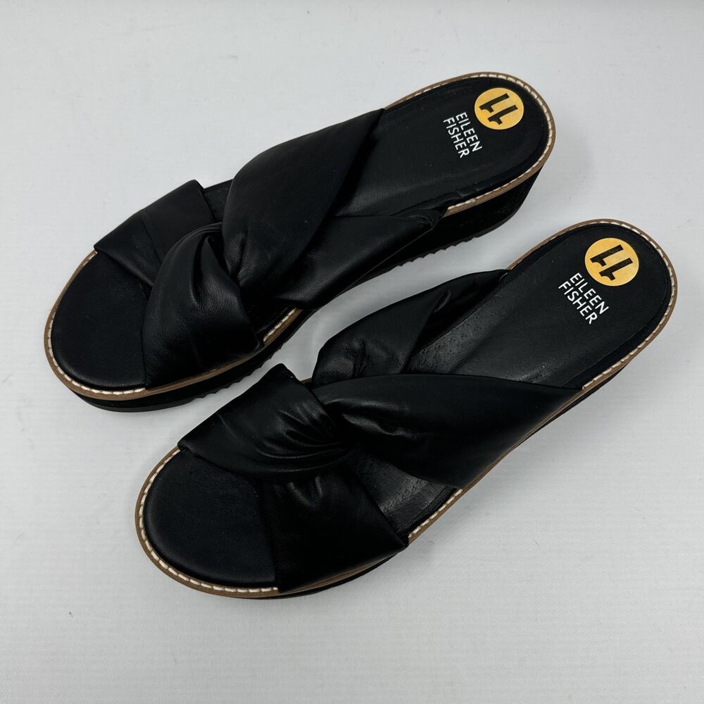 Eileen Fisher Black Leather Wedge Sandals Heel Minimalist Size 11 - Picture 2 of 6
